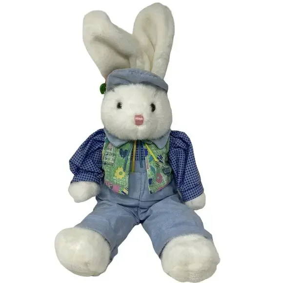 VTG Mty International Blue Boy Easter Bunny In Overalls/Jacket Plush 24" - Picture 1 of 11